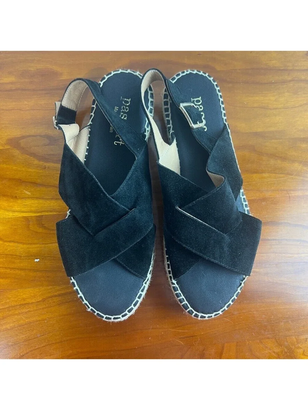 Paseart Black Suede Espadrille Platform Sandals Women's EU 39 Leather Slingback